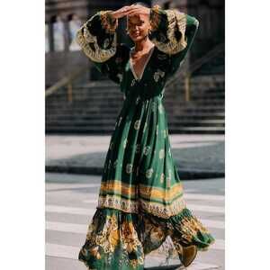 Green Ayla Long Sleeve Ruffled Maxi Dress